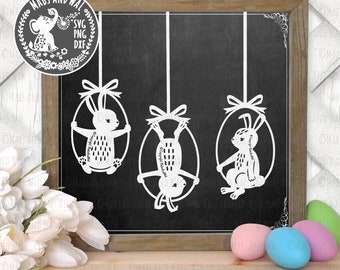 Easter bunnies on swings SVG PNG DXF digital cutting file/Easter bunny rabbits svg/hanging Easter eggs svg/Easter party decor/commercial use