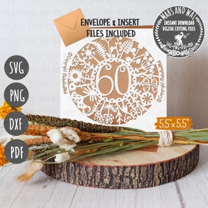Cartão de flores de 60 anos SVG PNG DXF Pdf arquivo de corte digital/cartão de aniversário svg/cartão de flores silvestres svg/cartão de aniversário de 60 anos svg/marco de 60 anos svg