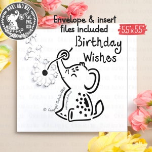 Verjaardagswensen olifant pop-out kaart SVG PNG DXF digitaal snijbestand, vierkante olifant kaart, 3D pop-out kaart, verjaardagskaart SVG, commercieel gebruik