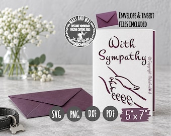 May include: A white greeting card with the text With Sympathy and a dark purple line drawing of a human hand holding a paw. The card includes a dark purple envelope and insert files. The text 5x7 inches is visible on the card.