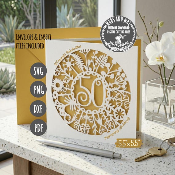 Age 50 flower card SVG PNG DXF Pdf digital cutting file/Anniversary  card svg/Age 50 wild flower svg/Age 50 birthday card svg/50 milestone