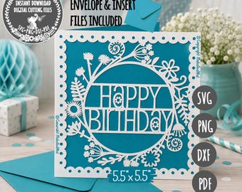 Happy Birthday floral card SVG PNG DXF Pdf digital cutting file/flower greetings card/handmade happy birthday/wildflower birthday card svg