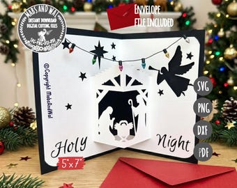 Christmas nativity pop-up card 2 SVG PNG DXF Pdf digital cutting file/silent night holy night card svg/religious celebration card template