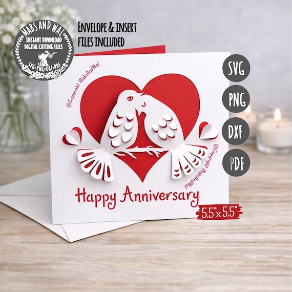 Birds Happy Anniversary pop-out card SVG PNG DXF Pdf digital cutting file/pop-up birds anniversary card template/wedding anniversary card