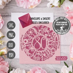 Leeftijd 80 bloemenkaart SVG PNG DXF Pdf digitaal snijden bestand/floral leeftijd 80 kaart svg/80e verjaardag kaartsjabloon svg/cricut kaart maken bestand svg