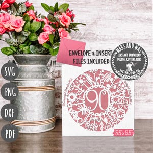 Karta kwiatowa z okazji 90. urodzin SVG PNG DXF Pdf cyfrowy plik do cięcia/Karta urodzinowa z motywem kwiatowym SVG/Karta urodzinowa z okazji 90. urodzin SVG/Kamień milowy z okazji 90. urodzin