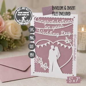 May include: A mauve wedding card with a cut-out design featuring a bride and groom inside a heart. The card reads "Congratulations on your Wedding Day." The card is 5" x 7" and includes an envelope. Digital cutting files are available.