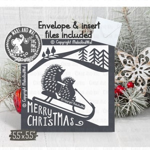 Joyeux Noël hérisson carte SVG PNG DXF fichier de découpe numérique/Carte de Noël svg/traîneau carte svg/carte de vœux de Noël svg/usage commercial
