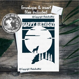 Cartão de aniversário da lua do lobo SVG PNG DXF arquivo de corte digital/lobo svg,/olhando para a lua svg/lobo à noite svg/cartão de felicitações do lobo svg/uso comercial