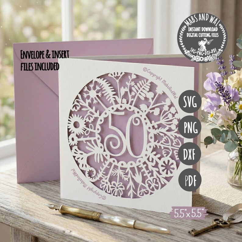 Age 50 flower card SVG PNG DXF Pdf digital cutting file/Anniversary card svg/Age 50 wild flower svg/Age 50 birthday card svg/50 milestone image 4