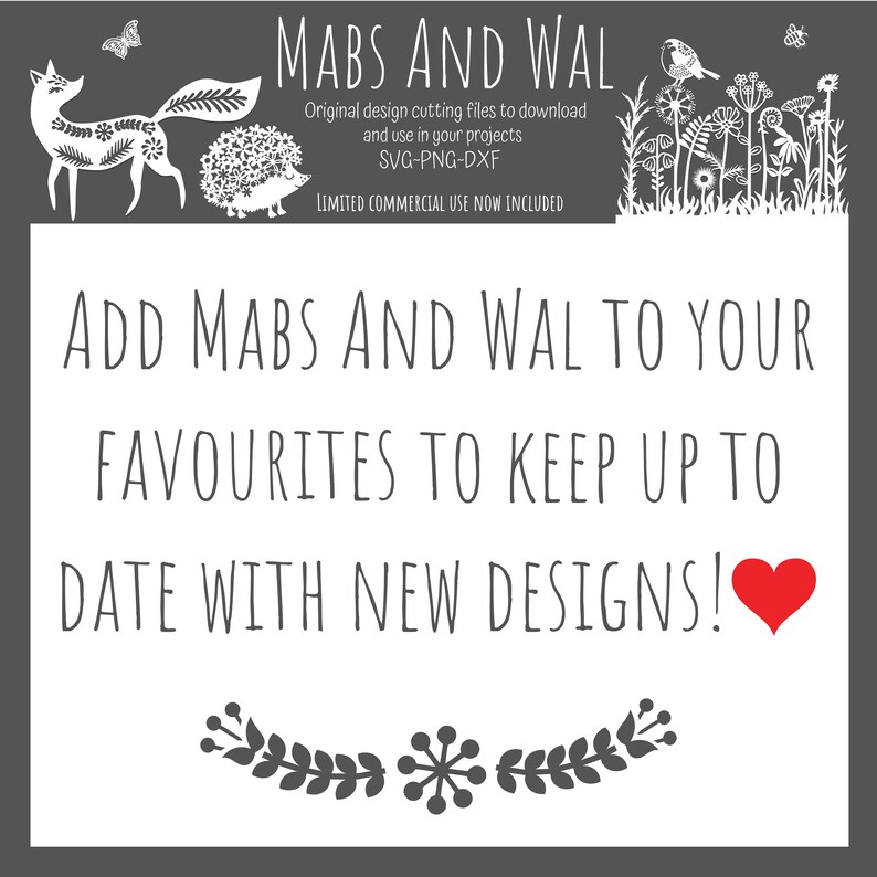 Pode incluir: Um design gr&aacute;fico preto e branco com o texto "MABS AND WAL" e "ADD MABS AND WAL TO YOUR FAVORITES TO KEEP UP TO DATE WITH NEW DESIGNS!" O design apresenta uma raposa, um ouri&ccedil;o e um p&aacute;ssaro com um cora&ccedil;&atilde;o vermelho.