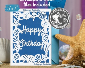 Happy Birthday shell card SVG PNG DXF digital cutting file/shell frame card svg/seashell svg/beach birthday card/birthday svg/commercial use