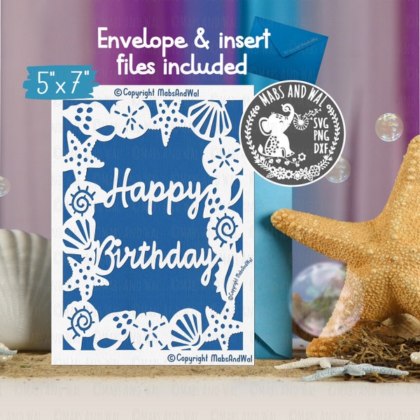 Joyeux anniversaire carte coquillage SVG PNG DXF fichier de découpe numérique/coquillage cadre carte svg/coquillage svg/plage carte/anniversaire svg/usage commercial