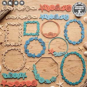 May include: A digital collection of sea-themed frames, borders, and decorative elements featuring starfish, seashells, and sand dollars in beige, orange, and blue. Includes text labels SVG, PNG, DXF, PDF, and MABS AND WAL INSTANT DOWNLOAD DIGITAL CUTTING FILES.