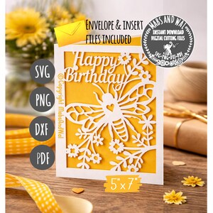 Cartão de aniversário com abelha - Arquivo de corte digital em SVG, PNG, DXF e PDF / Cartão de aniversário com abelha / Cartão de aniversário floral com abelha / Cartão de aniversário com flores silvestres / Amante de abelhas imagem 3