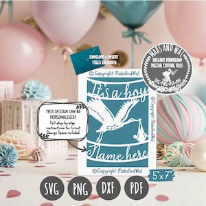 Bébé garçon personnalisé cigogne carte SVG PNG DXF Pdf fichier de découpe numérique/baby shower fait main carte/nouveau bébé félicitations/nouveau bébé carte svg