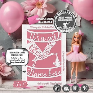 Carte personnalisée bébé fille cigogne SVG PNG DXF Pdf fichier de découpe numérique/baby shower fait main carte/nouveau bébé félicitations/nouveau bébé carte svg