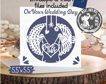 Tarjeta del día de la boda Sr. y Sra. SVG PNG DXF archivo de corte digital, plantilla de tarjeta de boda cuadrada, novia y novio svg, tarjeta de boda, uso comercial