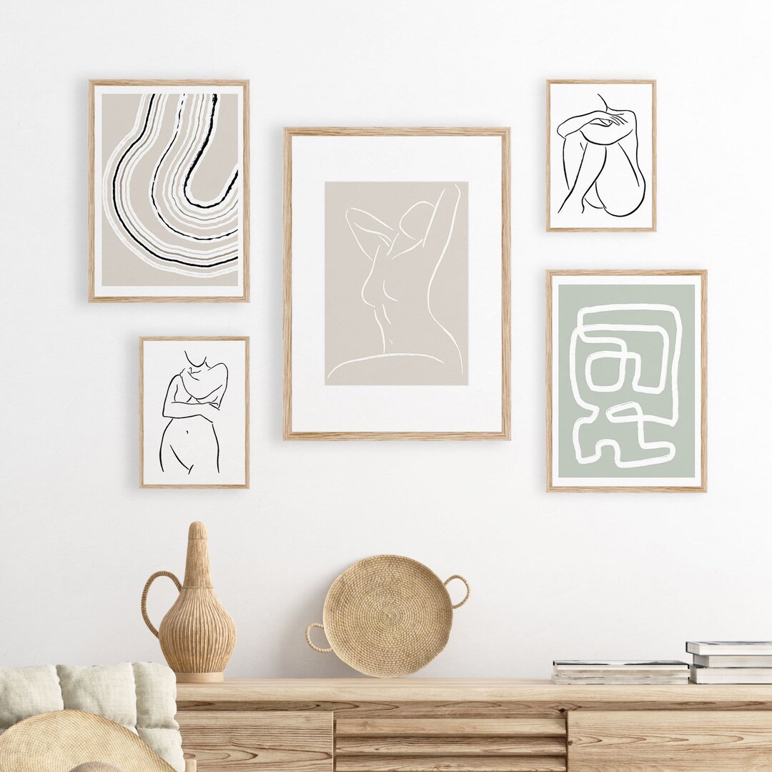 5 Piece Gallery Wall Set, Minimal Neutral Art Posters, Boho Woman Set