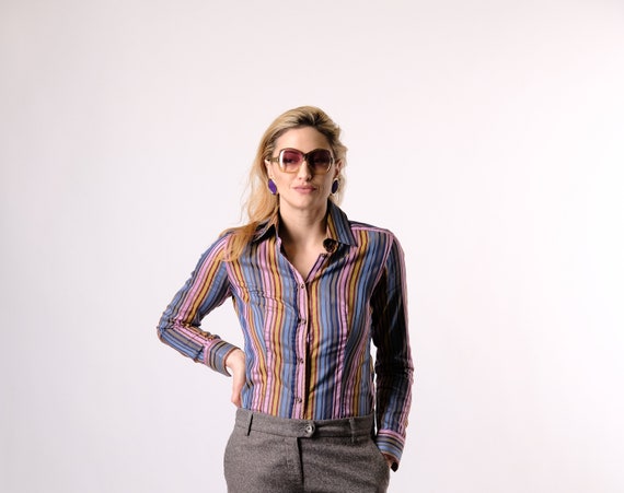 VINTAGE ETRO Multicolor Stripe Button Up Dress Shi