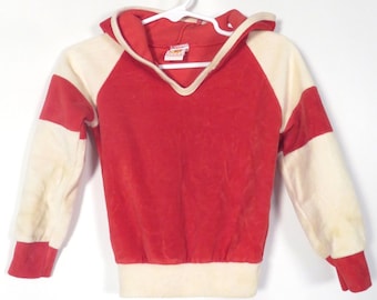 Vintage 70s Kids Red And Cream Color Block Velour Hoodie Size 24M