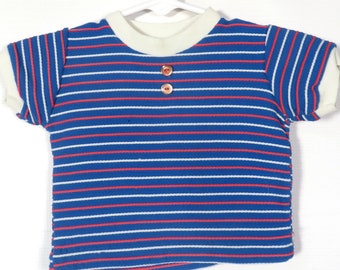 Vintage 70er Kinder Gestreiftes Rot Weiß Blaues Kurzarm Top Größe 3-6M