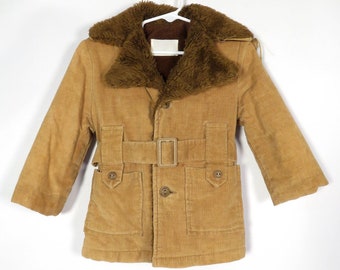Vintage 70s Kids Corduroy Winter Jacket With Detatchable Hood And Fuzzy Warm Lining Size 2T