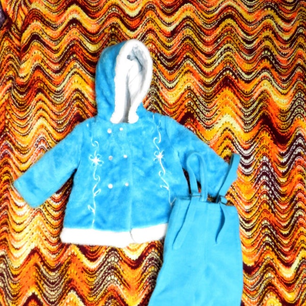 Vintage 70s Kids Ice Blue Fuzzy Snow Set Made In USA Size 24M