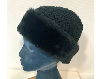 Vintage Black Faux Fur Military Garrison Cap Winter Hat With Ear Flaps Size Medium