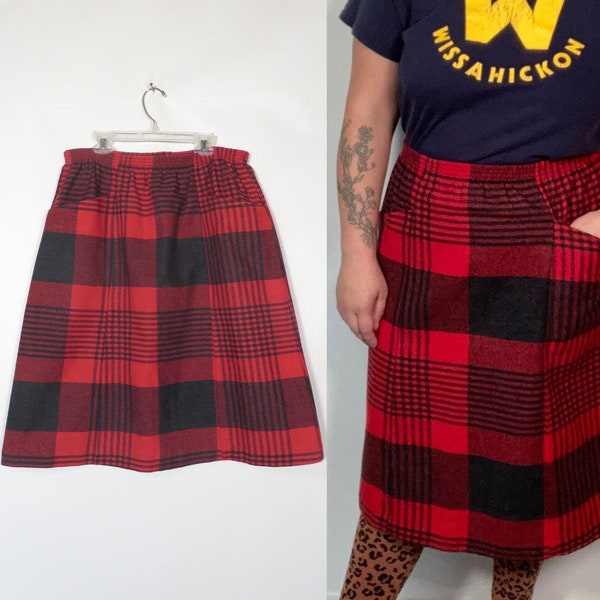 Vintage 80s Plus Size Plaid Wool Blend Midi Skirt Made In USA Size 16