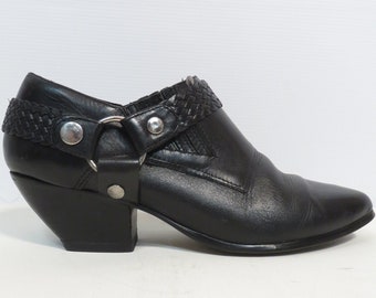 Vintage 90s Black Leather Harness Ankle Boots Size 6.5
