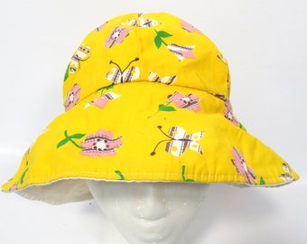 Vintage 60s Mod Flower Power Butterfly Print Sunshine Yellow Cotton Bucket Hat Size S