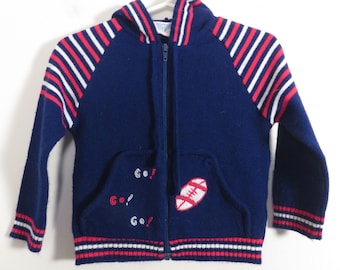 Vintage 70s Kids Embroidered Football Red White And Blue Knit Zip Up Hoodie Size 2T