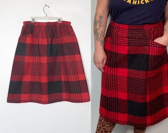 Vintage 80s Plus Size Plaid Wool Blend Midi Skirt Made In USA Size 16