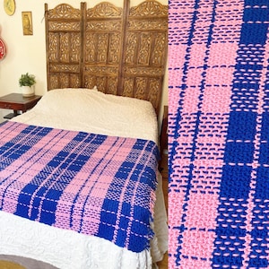 Vintage Pink And Blue Plaid Knit Blanket Throw image 1