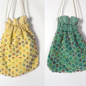 May include: Two vintage beaded purses, one yellow with red, blue, and green accents, and one green with red, blue, and yellow accents.