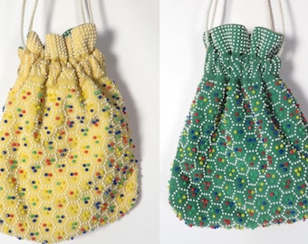 Vintage Candy Dot Reversible Green And Yellow Drawstring Purse Wristlet
