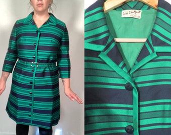 vintage années 60 Vert Et Bleu Marine Rayé Robe de Vacances Union Label Taille L/XL