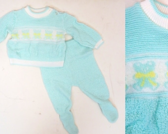 Vintage 70s/80s Baby Teddy Bear 2 Piece Knit Set Size 6 - 9M