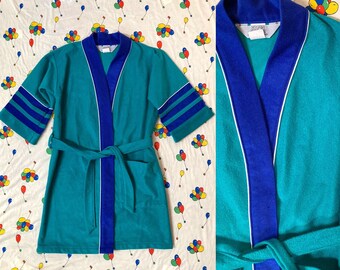 Vintage 80s Kids Deadstock Velour Fleece Color Block Robe Made In USA Size 8