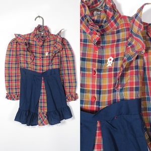 Vintage 70s Girls Fall Tone Frilly Plaid Square Dance Prairie Dress Made In USA Size 4T image 1