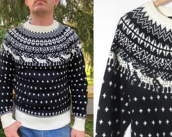 Pull de vacances Fair Isle imprimé cerf vintage des années 80, taille pour homme M