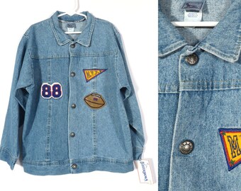 Vintage 90s Kids Deadstock Buster Brown Snap Button Denim Jacket With Football Patches Made In USA Size 7