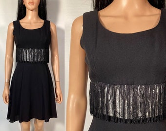 Vintage 60s Black Fringe And Silver Tinsel Dress Size XS