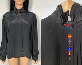 Vintage 80s Black Silky Vampire Blouse With Jewels Size L