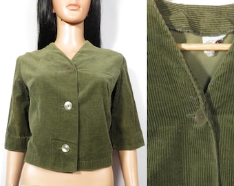 Vintage 60s Olive Green Cropped Corduroy Jacket With Half Sleeves Size M