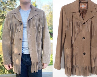 Vintage 70s Tan Suede Fringe Mens Jacket Size 44 L/XL