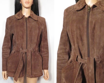 Vintage 70s Sears Jr Bazaar Super Warm Chocolate Brown Suede Zip Up Jacket With Faux Fur Lining Size XS/S