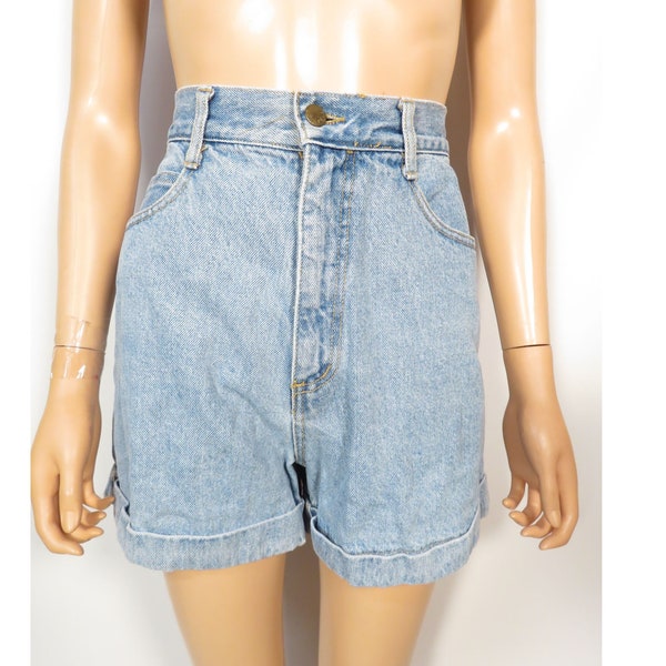 Vintage 90s High Waist Light Wash Denim Rolled Hem Shorts Made In USA Size 27 Waist