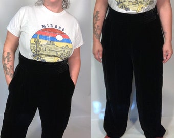 Vintage 90s Plus Size High Waist Black Velvet Pants With Cummerbund Pleated Waistband Size XL